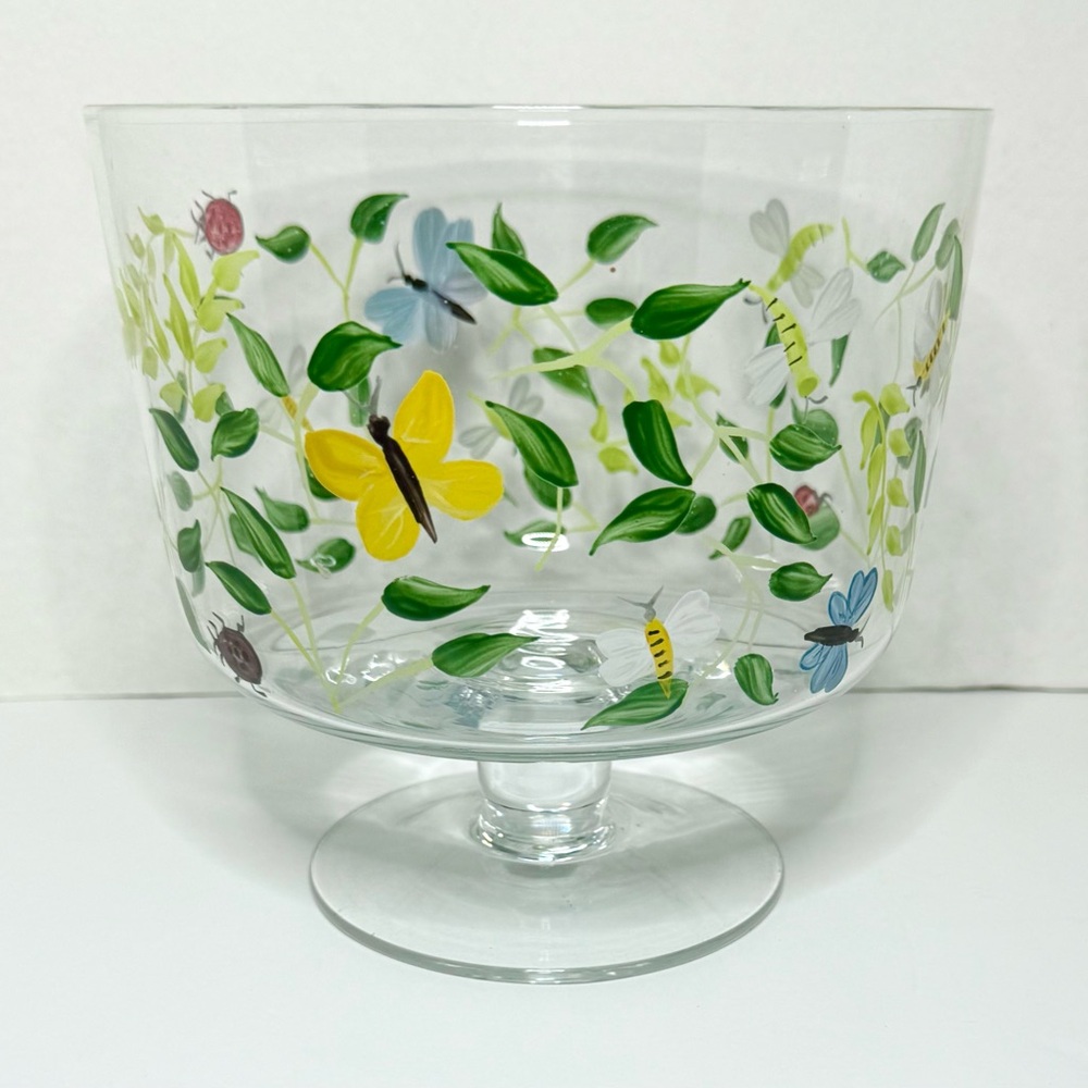 Hand Painted Floral Glass Compote Bowl – Clear Footed Dish, Botanical Design